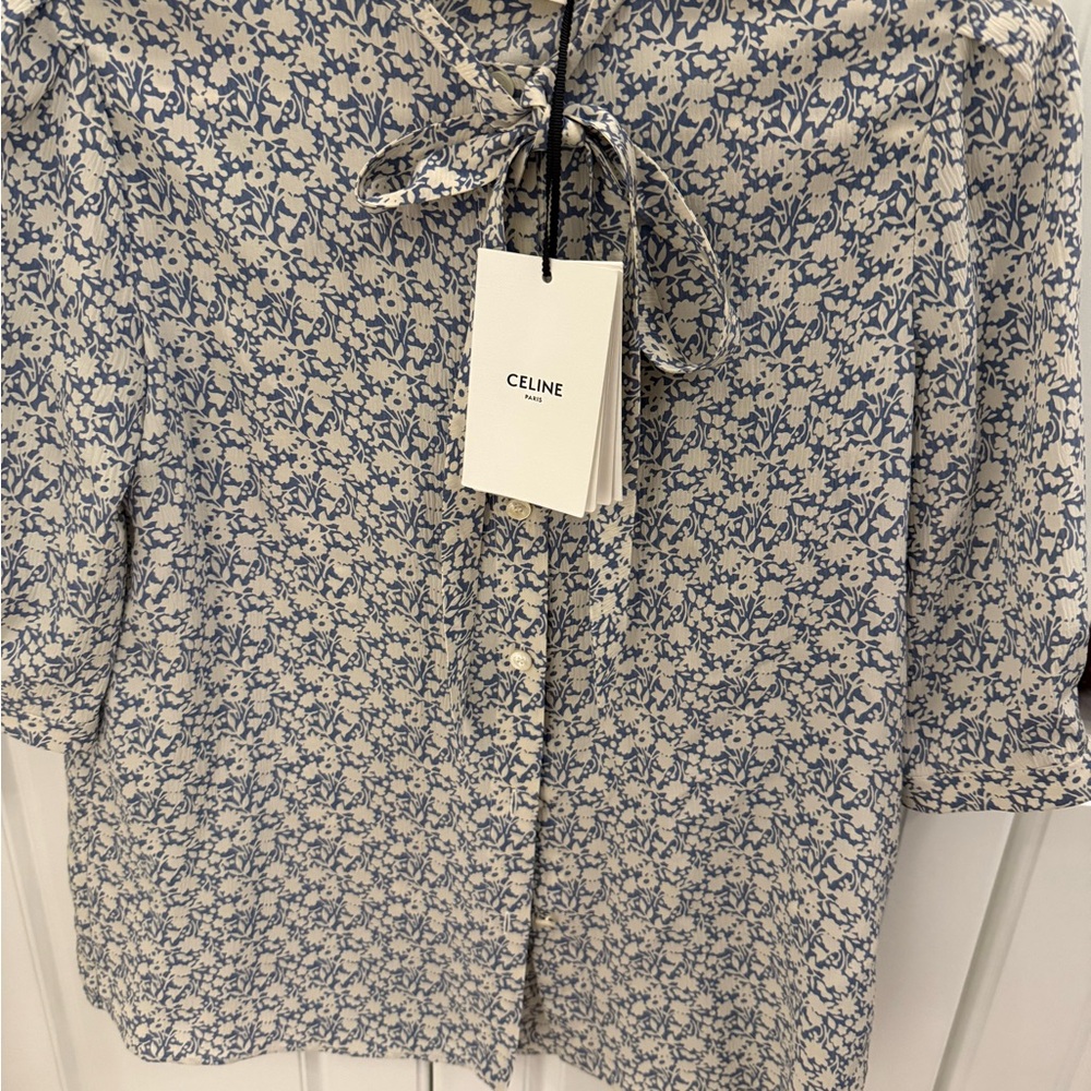 Celine Cream and Blue Floral Blouse
